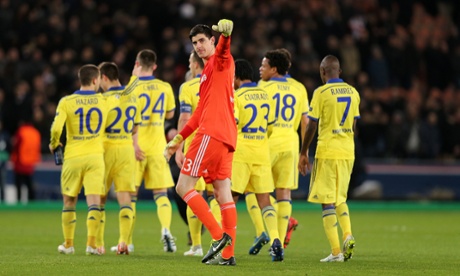 Thibaut Courtois gives a thumbs up to the Chelsea faithful and they no doubt returned the favour as a number of vital saves by the Chelsea keeper meant they left Paris with a draw rather than a defeat.