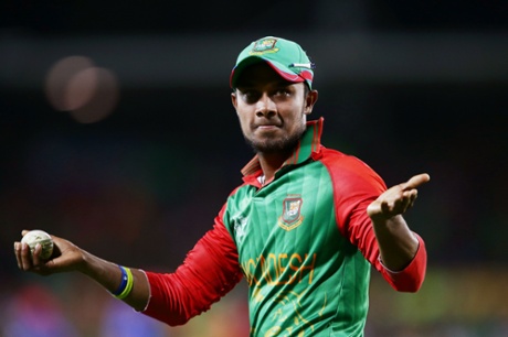 Sabbir Rahman gestures towards the crowd after taking a catch to dismiss Merwais Ashraf.