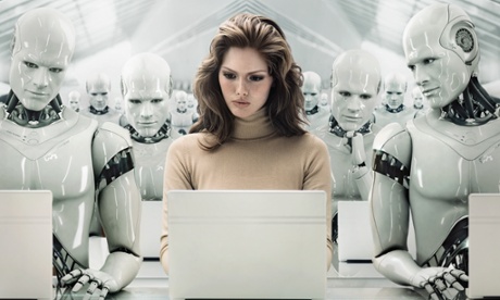 woman laptop bots robots