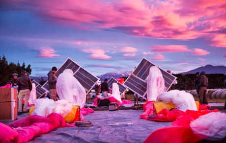 Project Loon solar panels and a high altitude ballon before take off in Tekapo in Southern New Zealand.