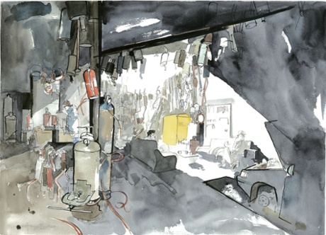 Exhausted. Cars rolled in and out of this exhaust-pipe fitter’s in Herat, it could have been almost anywhere in the world. 