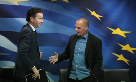Greece's Finance Minister Yanis Varoufakis, right, and Eurogroup President Jeroen Dijsselbloem, following a joint news conference after their meeting at the Finance Ministry in Athens in January.