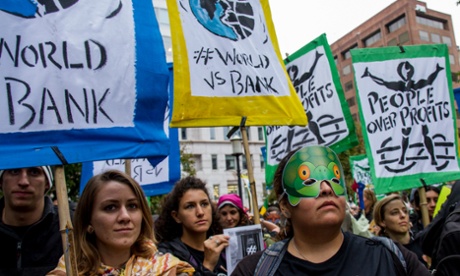 Protesters outside World Bank headquarters in Washington D.C. in October 2014 after a civil society walk-out.