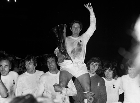 18th May 1972:  Tottenham Hotspur captain Alan Mullery holds the UEFA Cup trophy after his team beat Wolverhampton Wanderers 3-2 on aggregate after the second leg of the final at White Hart Lane, London.  (Photo by Central Press/Getty Images)England;black&white;formatsquare;male;Sport;MedalCeremonies;Football;Personality;British;Europe;CPS3527(ST);