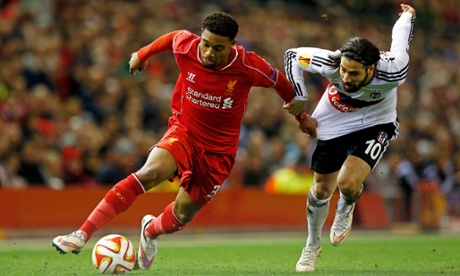 Jordon Ibe puts the burners on to go past Besiktas's Olcay Sahan.