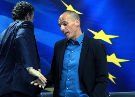 Eurogroup chief Jeroen Dijsselbloem (L) and Greek Finance Minister Yanis Varoufakis (R) leave after a press conference following a meeting at the Finance Ministry in Athens, Greece, 30 January 2015.