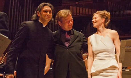 Soprano Barbara Hannigan on stage at the Royal Festival Hall with the London Philharmonic Orchestra.