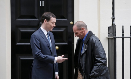 Greek finance finister Yanis Varoufakis being welcomed outside Number 11 Downing Street by George Osborne