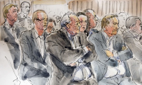 A court sketch shows Dominique Strauss-Kahn (centre).