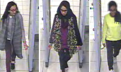 A CCTV image issued by the Metropolitan Police of (left to right) Kadiza Sultana,16, Shamima Begum,15 and an unnamed 15-year-old at Gatwick airport on Tuesday.