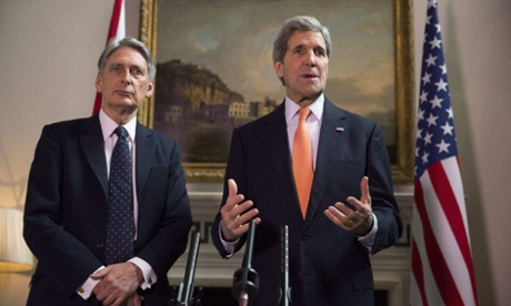 UK foreign secretary Philip Hammond, left, and US secretary of state John Kerry hold a press conference on Saturday.