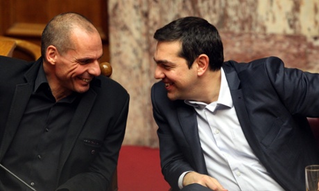 Finance minister Yanis Varoufakis, left, and Tsipras.
