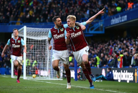 Ben Mee is congratulated by teamate Danny Ings.