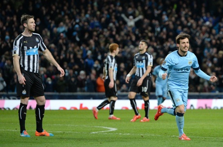 David Silva celebrates after scoring the fifth.