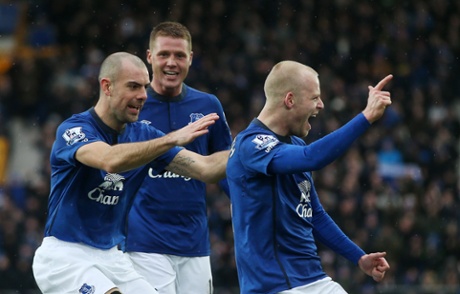 Steven Naismith celebrates after scoring the first goal for Everton.
