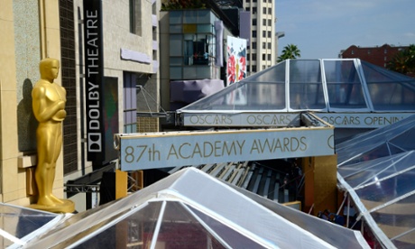 Rain tarps erected over the red carpet in front of the Dolby Theatre ahead of the annual Academy Awards.