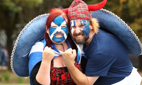 Scottish fans show their support prior to the start of the 2015 ICC Cricket World Cup match between England and Scotland at Hagley Oval.