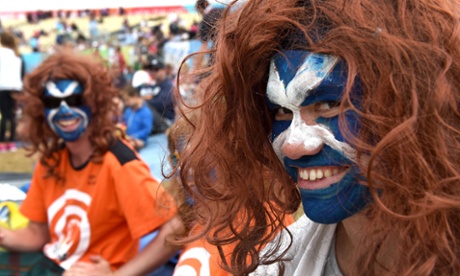 Scotland fans cheer on their team during the 2015 Cricket World Cup Group A match between England and Scotland in Christchurch.