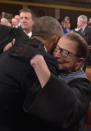 US president Barack Obama hugs supreme court justice Ruth Bader Ginsburg