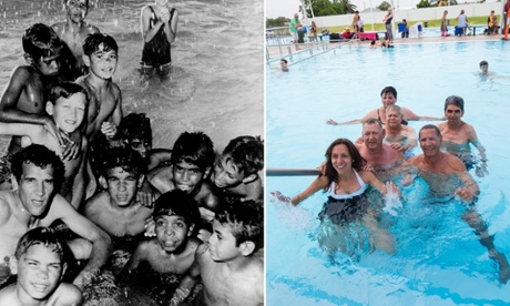 Charles Perkins and local boys from Moree at the pool in 1965 alongside a new photo taken in 2015 of Perkins' daughter Rachel with some of the men.
