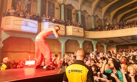 Ninja of South African rap-rave crew Die Antwoord on stage at O2 Academy, Glasgow.