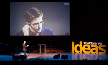 Edward Snowden talking via Skype at the Observer Festival of Ideas 2014