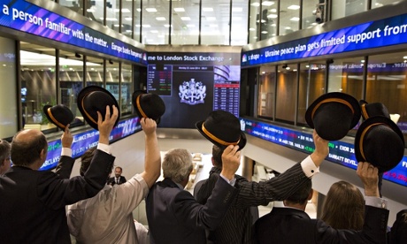 Singers from office choirs opening the London Stock Exchange with a song
