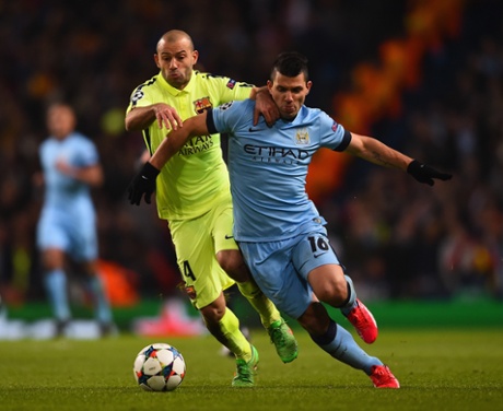Sergio Aguero shrugs of Javier Mascherano.