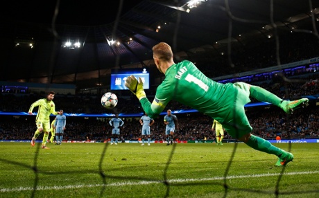 Joe Hart saves a last minute penalty from Lionel Messi.