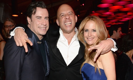 Vin Diesel with John Travolta and Kelly Preston at this year's post-Oscars Vanity Fair party.