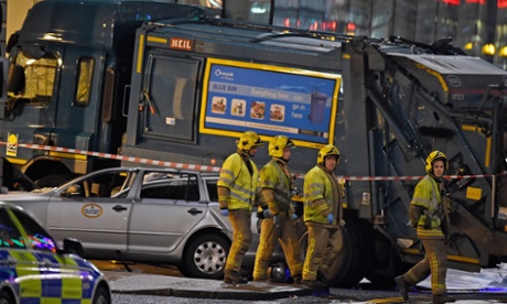 The crashed bin lorry in Glasgow on 22 December 2014.