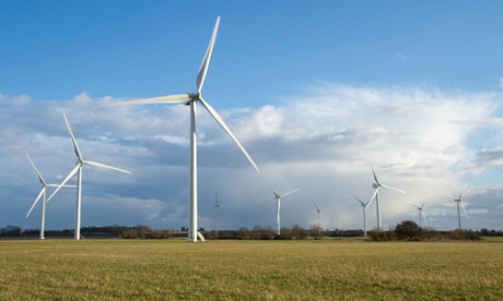 Wind turbines in fields in Langford, Bedfordshire. Photograph: Sarah Niemann