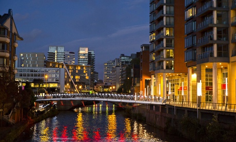 The River Irwell and the Manchester skyline at dusk