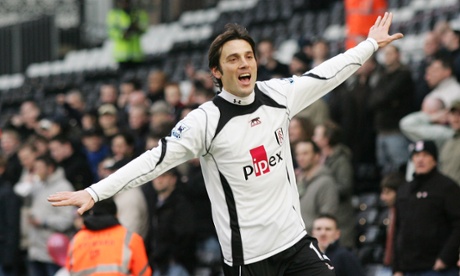 Vincenzo Montella scoring for Fulham with his trademark aeroplane celebration.
