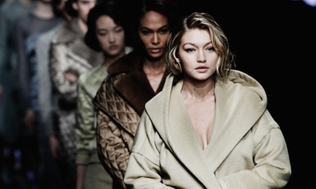 Model Gigi Hadid at the Max Mara show during Milan fashion week for autumn/winter 2015.