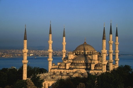 The Blue Mosque in Istanbul at sunset.
