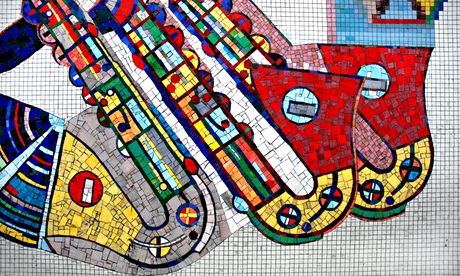 Detail of mosaics by Sir Eduardo Paolozzi at Tottenham Court Road underground station in London