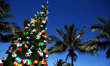 Christmas tree adorned with footballs and national flags.