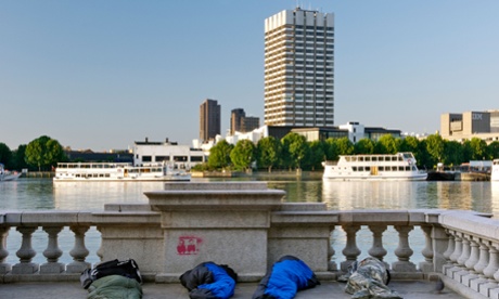 Four rough sleepers on Victoria Embankment.
