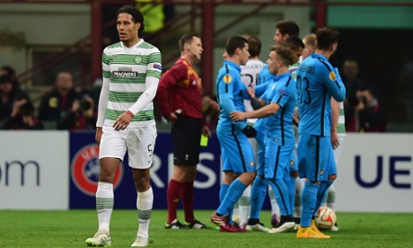 Virgil van Dijk of Celtic leaves the field after seeing red.