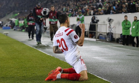 Sevilla's Vitolo celebrates after scoring against Borussia Moenchengladbach in Germany.