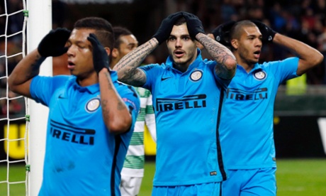 Inter Milan's Fredy Guarin, Mauro Icardi and Juan Jesus react at the San Siro.