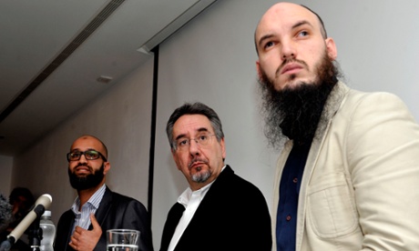 L to R: Asim Qureshi of Cage, John Rees of Stop the War Coalition and Cerie Bullivant answer questions at a press conference about Mohammed Emwazi.