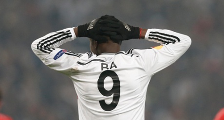 Besiktas’ Demba Ba reacts after missing a good chance.