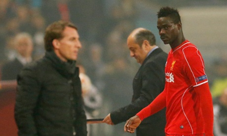 Liverpool's Mario Balotelli looks towards manager Brendan Rodgers after being substituted.