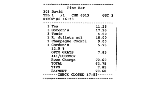 The receipt from the meeting between Alexander Litvinenko and the pair he met at the Millennium Hotel.