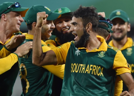 Imran Tahir celebrates after David Miller caught Dwayne Smith.