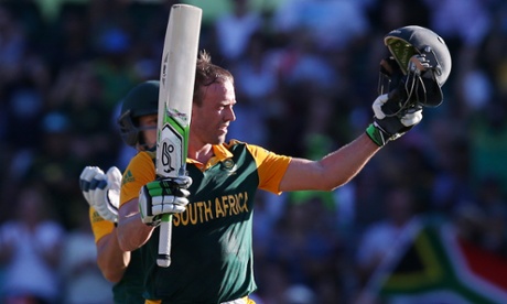 South Africa's AB De Villiers celebrates after scoring a 150 runs.