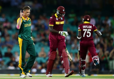 Dale Steyn celebrates taking the wicket of Jason Holder.