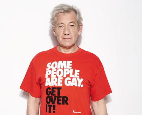 Sir Ian McKellen wearing a Stonewall t-shirt